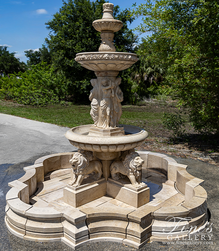 Marble Fountains  - Roman Ladies And Lions Fountain In Classic Light Travertine - MF-2151